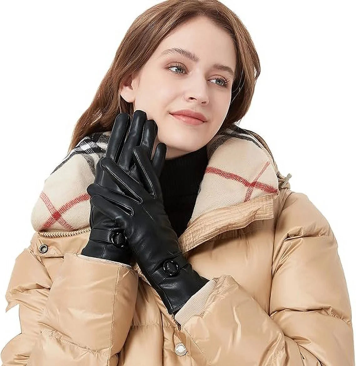 Winter Lambskin Leather Women'S Gloves with Touchscreen Texting and Warm Driving Function